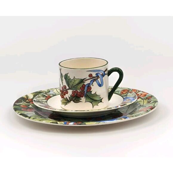 Le Houx Gien France Hollyberries & Blue Ribbon Coffee Cup & Saucer Dessert Plate - Picture 4 of 16